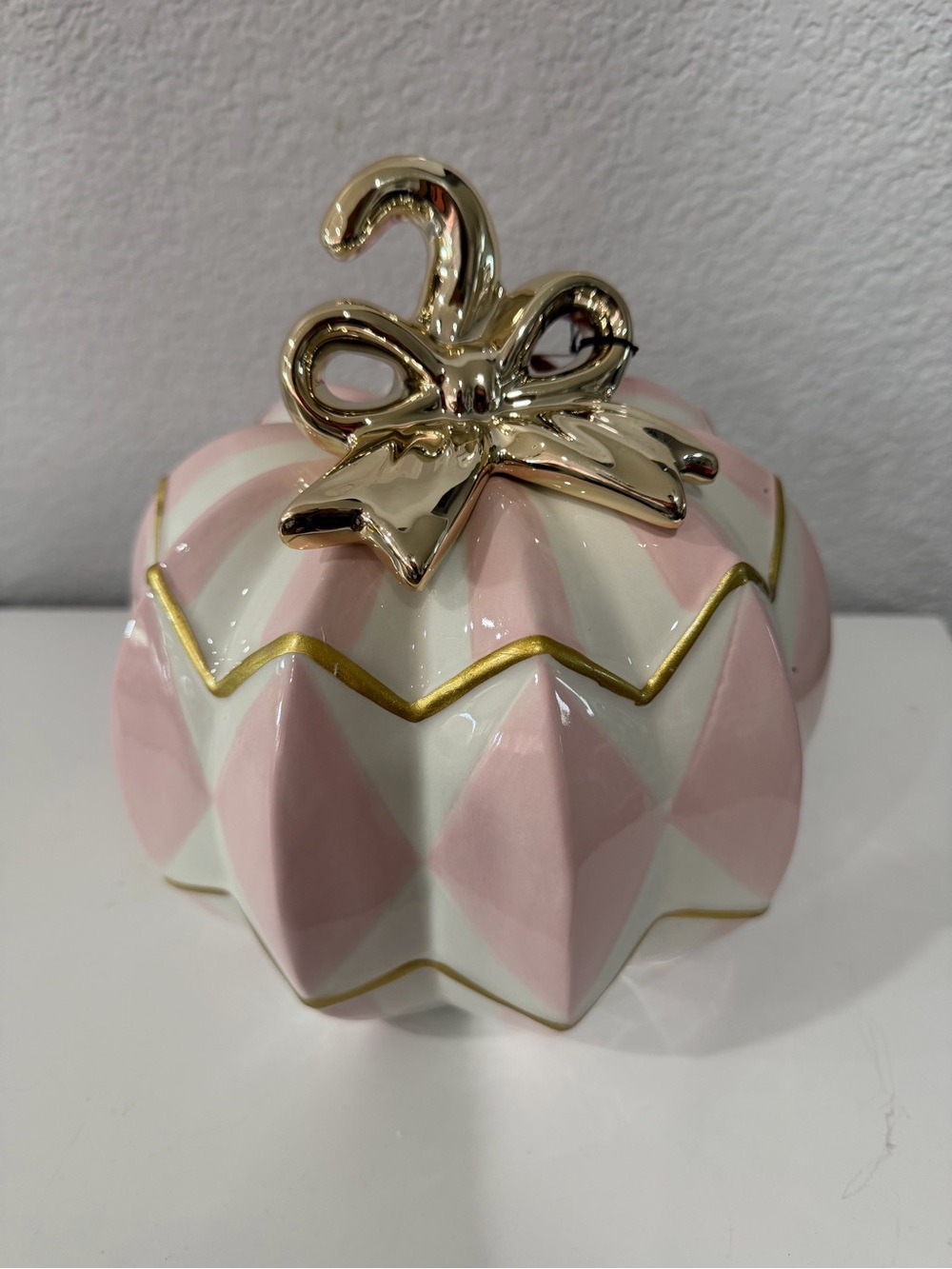 Pink & White Ceramic pumpkin with Gold Bow Lid